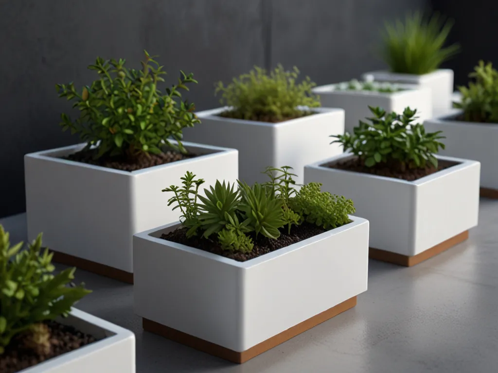 Modular ecosystem technology mini-landscape with interconnected plant containers showcasing innovative design system