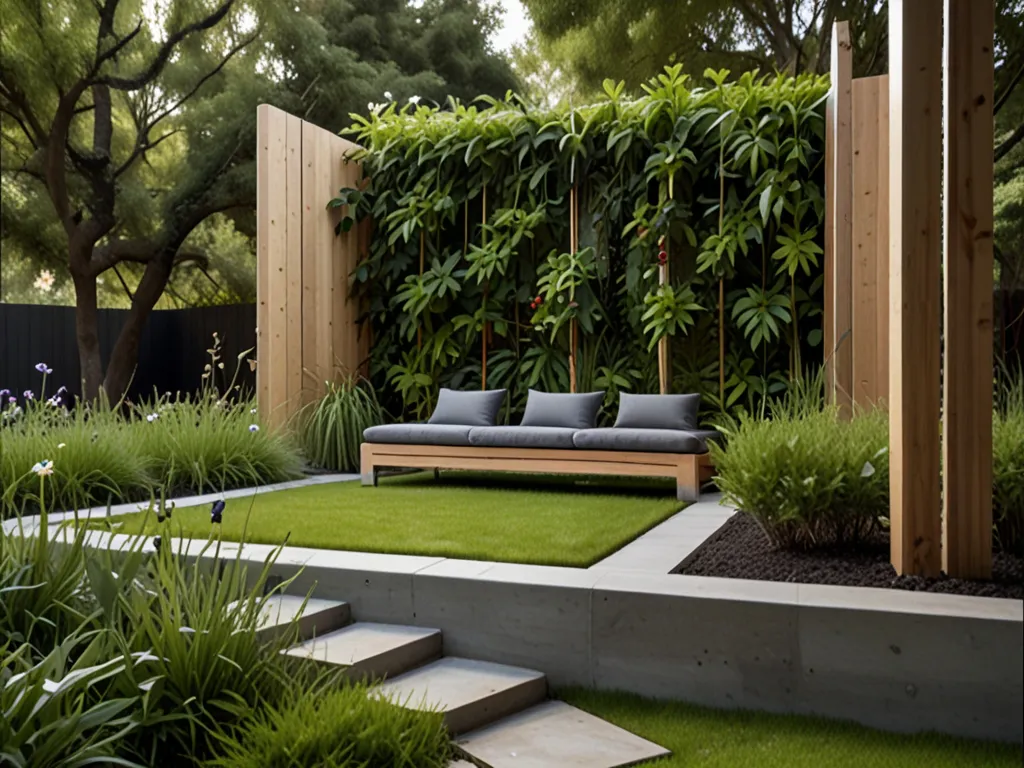 Sustainable innovation framework featuring eco-conscious materials and water-efficient systems in a compact garden design