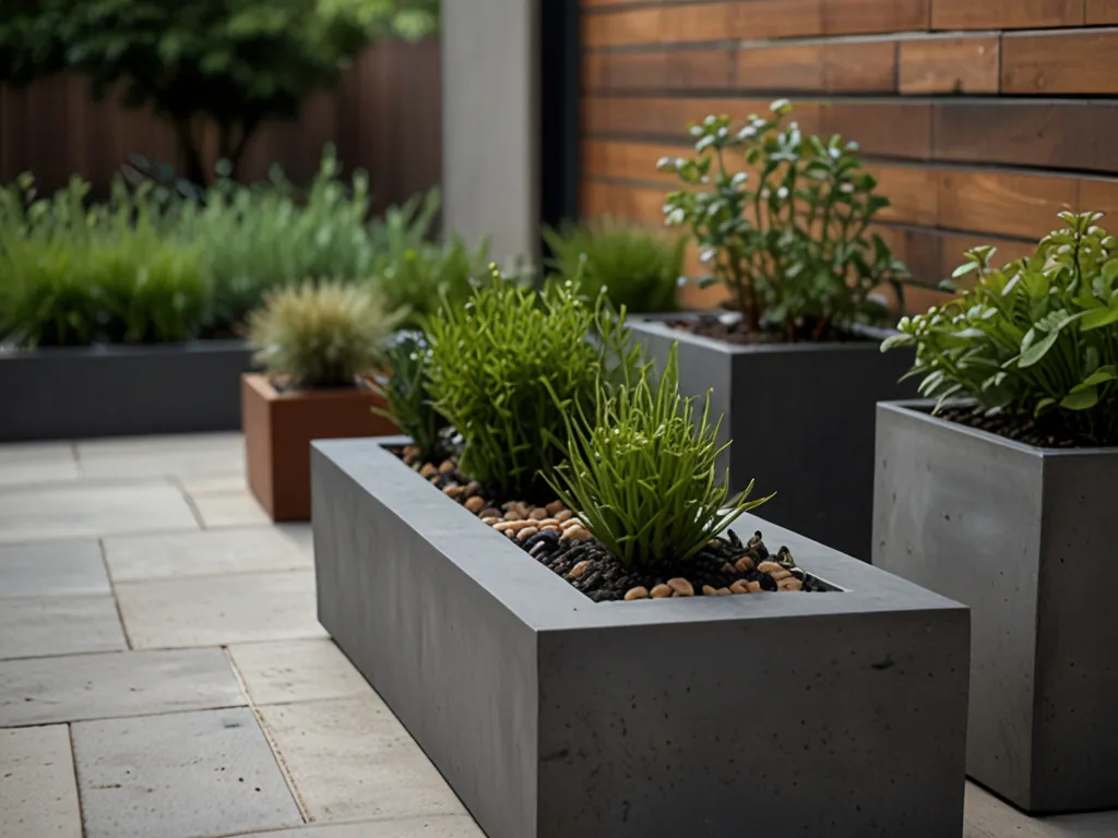 Modern minimalist micro-garden with clean lines, geometric containers, and carefully selected specimen plants creating serene uncluttered environment