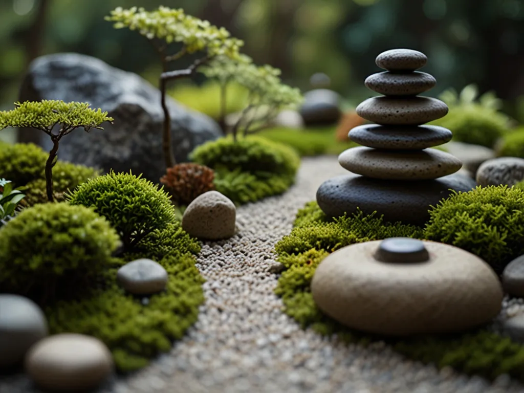 Zen garden philosophy micro-landscape with meditative arrangements featuring stone, moss, bonsai trees, and carefully placed elements promoting tranquility