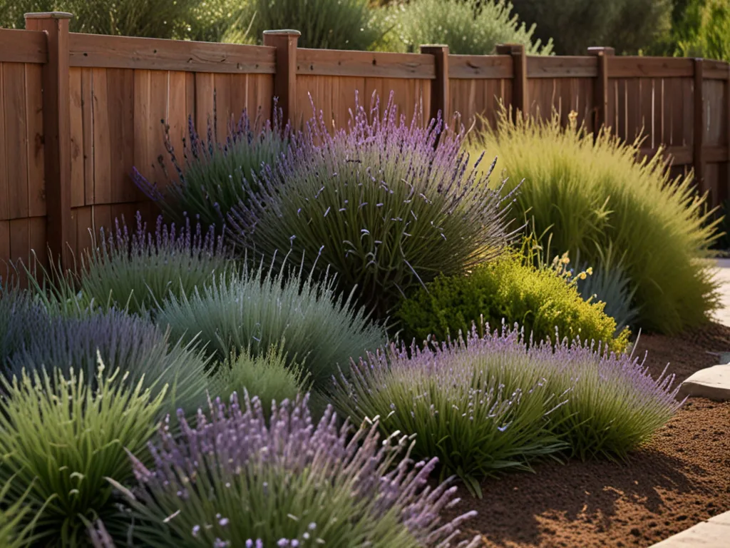 Mediterranean blend micro-garden featuring herbs, ornamental grasses, rosemary, lavender, and sun-loving perennials creating fragrant textural arrangements